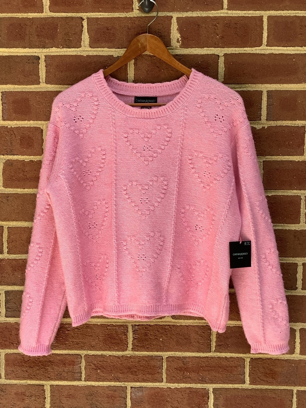 NWT Cynthia Rowley Pink Heart Detail Sweater Crew Neck Long Sleeve L